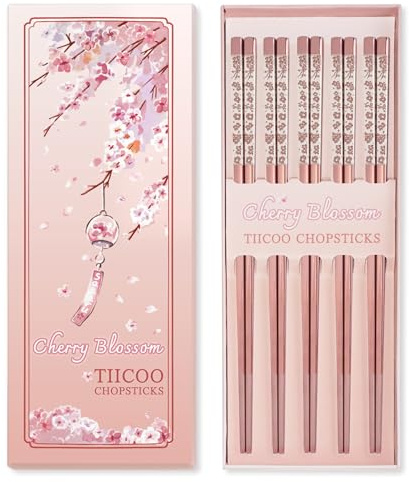 Chopsticks Reusable 18/8 Stainless Steel Chopsticks Pink Sakura Laser Engraved Metal Chop Sticks Non-Slip Dishwasher Safe Japanese Korean Chopstick for Cooking Eating 5 Pairs Premium Gift Set