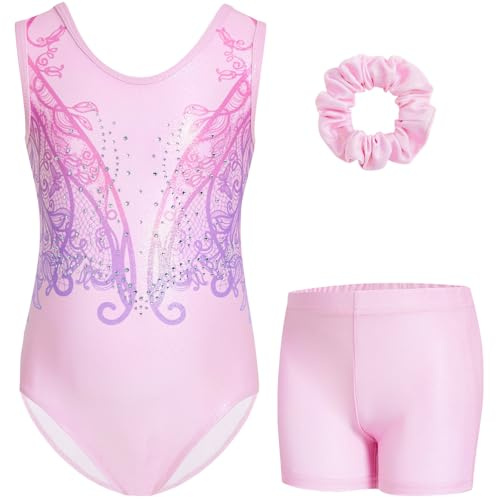 Gogokids Ensemble de maillot de gymnastique sans manches pour fille 3 pièces avec short et élastique à cheveux, tenue de gymnastique pour enfants avec creux et design croisé, paillettes pour enfants