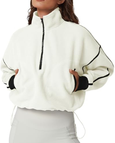 QINSEN Women Sherpa Coat Half Zip Long Sleeve Baggy Short Jacket Mock Neck Fleece Outwear Beige M