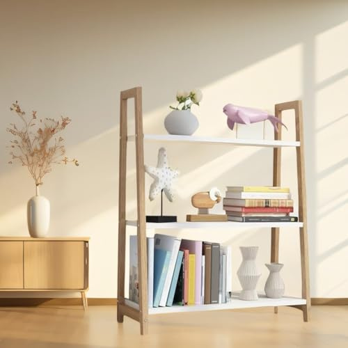 Scaffale a 3 ripiani autoportante a scala per soggiorno, cucina, camera da letto e ufficio, finitura in legno naturale, 60 x 30 x 90 cm, elegante decorazione per la casa