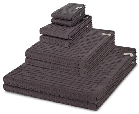 Möve Piquée 8-teiliges Handtuch Set – 2X Seif-, 2X Gäste-, 2X Duschtuch, 2X Handtuch – Waffelpiqué Baumwolle, Extra Saugfähig & Weich, Kordelaufhänger, Pflegeleicht – Sanftes Massagegefühl (Graphite)