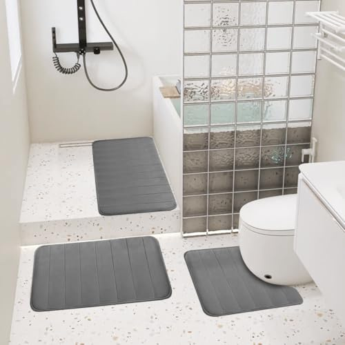 MIULEE UIPI Badrumsmatta set 3 delar, mjuk minnesskum badmatta och U-formad WC-matta, badrumsmatta halkfri absorberande tvättbar, badrumsmatta set för toalett, badkar, dusch (mörkgrå)