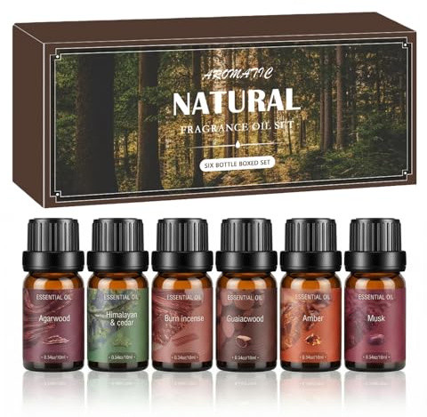 6 x 10ML Amaderados Aceites Esenciales para Humidificador, Set de Aceites Esenciales para Difusor, Cedro, Madera de Agar, Ámbar, Incienso, Almizcle, Madera de Guayaco
