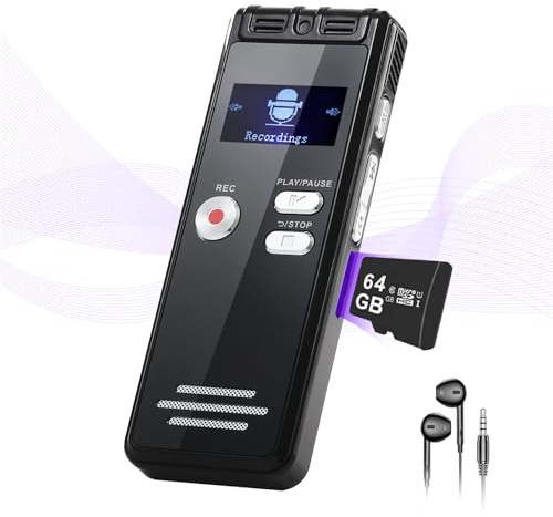 NekSide Grabadora de Voz con reproducción de 64 GB – 1536 Kpbs, Dispositivo de grabación de Audio con reducción de Ruido para entrevistas/Clases/reuniones