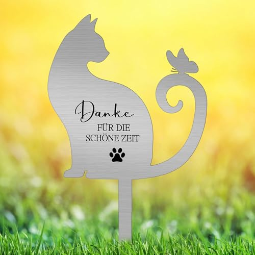 Calenxy Metal Grabplatte mit Gravur, Gedenkstein Katze Wetterfest, Katze Gedenkstein Outdoor, Silber ﻿Katzen Grabschmuck aus Edelstahl für Tiere Grab Erinnerung Katze Trauer Geschenk für Tierbesitzer