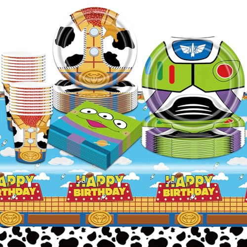 81Pcs Birthday Decorations, Toy Inspired Story Party Decorations Kids' Party Tableware Set, Birthday Party Plates Cups and Napkins Tablecloth 20 Guests