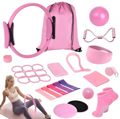 Ensemble de 15 pièces pour pilates, pilates, kit essentiel avec balle de yoga, anneau de pilates, bande de résistance, sangle de yoga, chaussettes de préhension pour pilates, kit pour la maison, pour