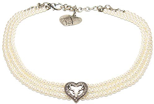 Alpenflüstern Trachten-Perlen-Kropfkette Strassherz Hirsch - nostalgische Trachtenkette, eleganter Damen-Trachtenschmuck, Dirndlkette Creme-weiß DHK262