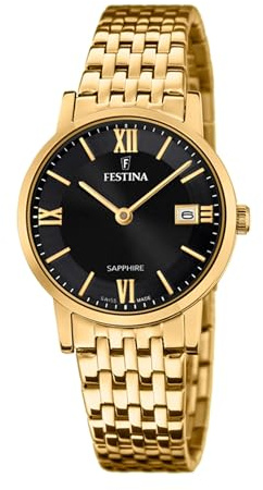 Festina Swiss Made Damenuhr Analog aus Edelstahl 316l Goldfarben | Quarzwerk, Saphirglas, Wasserdicht 5 ATM, Kalender F20021/3, Classic Steel