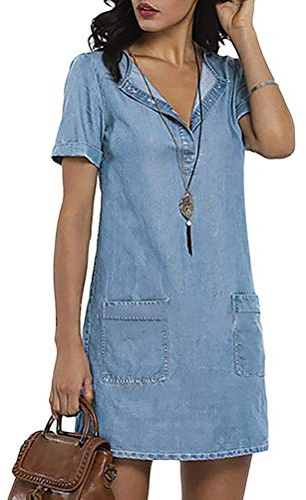 ORANDESIGNE Robe Été Femme De Plage Rétro Denim Robes Col V Au Genou Manches Casual Tuniques Ample Chemise Longue Chemisier en Jean B Bleu M
