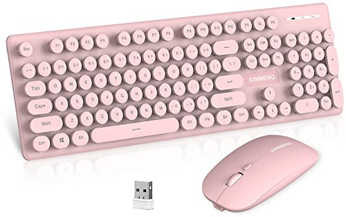 N520 Dual Mode Wireless Keyboard Mouse Combo with Full Size Layout-Pink | 1800mAh Rechargeable, Multi-Device Bluetooth & 2.4G Cordless Connection, Cute Retro Round Silent Keycaps for PC Laptop