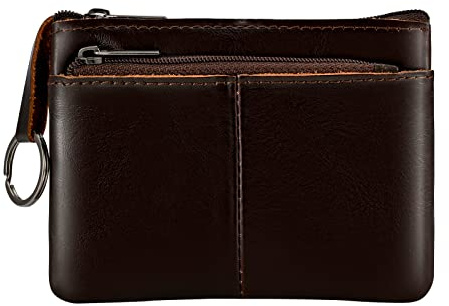 Lidwot Genuine Leather Coin Purse Wallet Mini Zip Change Purse Wallet Coin Pouch with Key Chain 3 Zippers, Dark Brown, Wallet Coin Pouch With Key Chain 3 Zippers