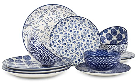 Selamica Servizio Piatti in Ceramica, Set 12 Pezzi per 4 Persone, Inclusi Piatti, Dessertteller e Ciotole da Cereali, Compatibili con Microonde, Colore Blu Vintage