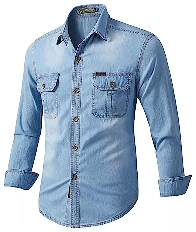 WINDEHAO Camisa de mezclilla casual para hombre, talla grande, camisa de algodón de manga larga, con botones, chaqueta vaquera occidental, camisa de vestir ajustada
