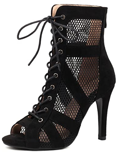 Scaoruki Women Bujur Dance Class Shoes Stiletto Heels Lace up Bootie Sandals Peep Toe Gladiator Sandals Party Heels Cage Shoes Suede Black Size 40
