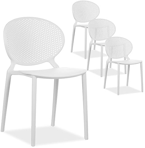 Homestyle4u 2471 Lot de 4 chaises de jardin empilables en plastique Blanc Résistant aux intempéries