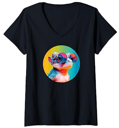 Womens Funny Gargoyle Gecko Reptile Wearing Sunglasses Retro V-Neck T-Shirt