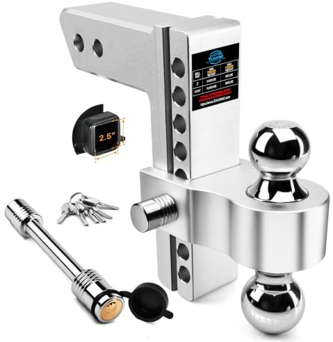 Adjustable Trailer Hitch - Tlvuvmo Aluminum Drop Hitch (Fits 2.5'' Receiver), 8 Inch Drop/Rise, 18,500 LBS GTW Heavy Duty Truck Hitch, (2'' & 2-5/16'') Chrome Plated Steel Balls - Tow Hitch Ball Mount