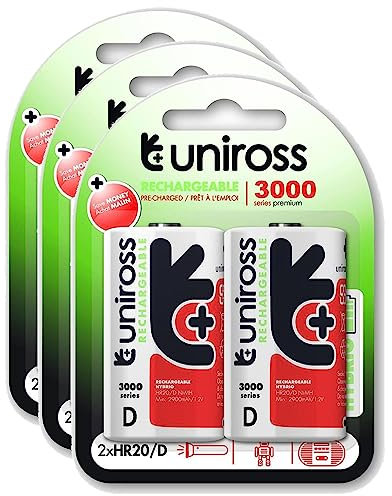 Uniross Pack de 3 x 2 Piles Rechargeables D/HR20 3000 NIMH HYBRIO, 1.2V