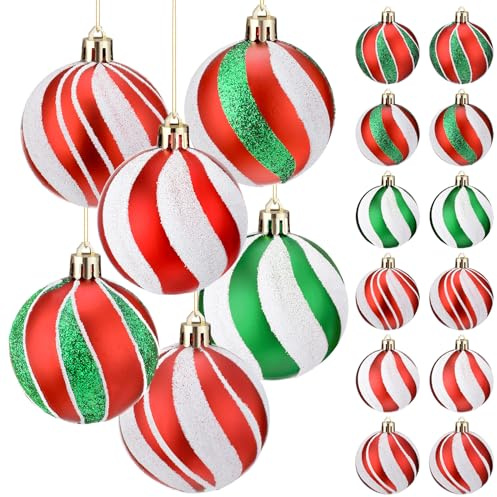 Liliful 12 Pcs 2.4 Inch Christmas Ball Ornaments Glittering Plastic Hanging Decorations Elf Balls Swirl Candy Cane Peppermint Christmas Tree Pendants for Xmas Tree Decoration (Red and Green)