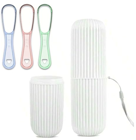 HK Online 1 White Travel Toothbrush Holder, MOUTHWASH Cup, Toothpaste Holder & Tongue Scraper -Carry Strap, Anti Slip Groove (White & Scraper)