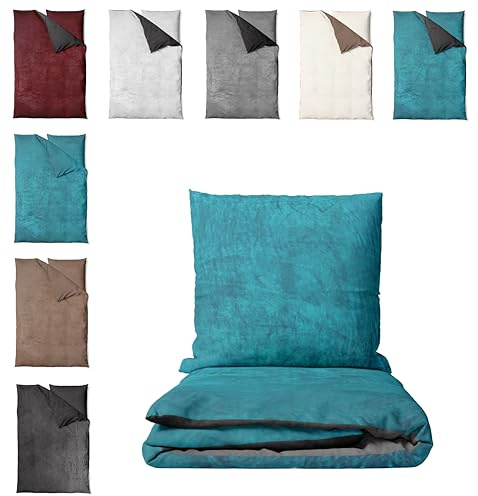 one-home Winter Bettwäsche Unifarben Teddy Plüsch Cashmere Touch Nicki Coral Fleece Flauschig Kuschelig Warm Weich, Farbe:Wende Petrol/anthrazit, Größe:2 teilig 135x200 cm