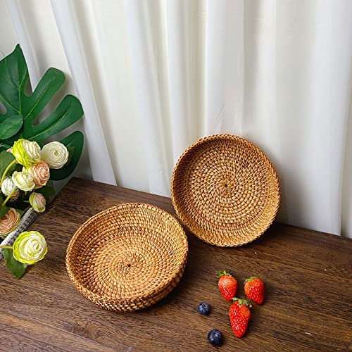 Mokylor Cesta redonda de mimbre de 7 pulgadas para frutas, cesta de pan pequeña, bandeja plana de mimbre, cuencos decorativos de mimbre, cesta de sauces, cuenco para alimentos, frutas, organización de