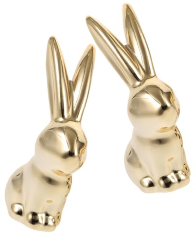 Cabilock Figuras De Conejo De Cerámica Mini 2 Piezas Doradas, Decoración Artesanal De Conejo para Escritorio y Hogar, Adornos De Animales para Pascua y Obsequio