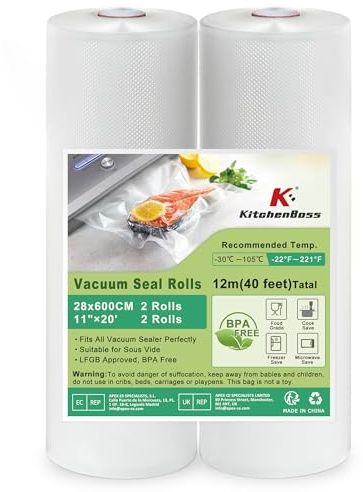 KitchenBoss Sacs Sous Vide Alimentaire：2 Rouleaux 28x600cm, Rouleau Sous Vide Alimentaire Convient à L'appareil de Mise sous Vide, Sac Sous Vide pour la Cuisson, Sachet Sous Vide Alimentaire sans BPA