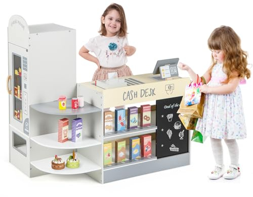 COSTWAY Köpbutik för barn, köp av trä med sidobänk, stormarknadsset med kassa, POS-maskin, försäljningsautomat och krittavla, shoppingbutik försäljningsstativ för barn från 3–8 år (grå), FY32205DE