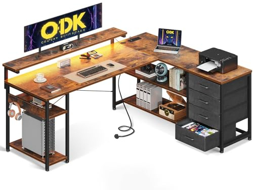 ODK L Shaped Corner Desk with Drawers, Power Outlet & LED Lights, 155×110cm