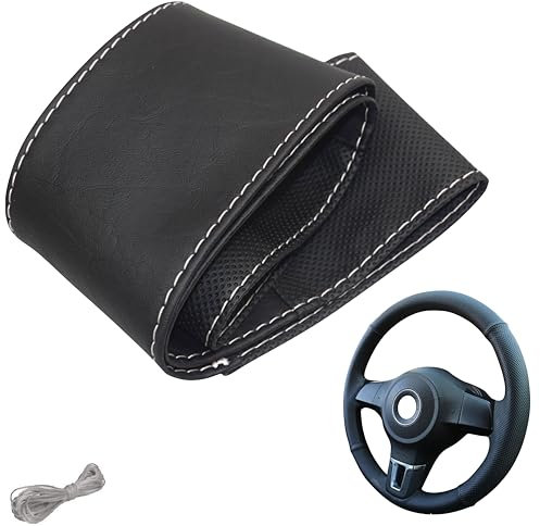 Generisch Lenkradbezug 4 Teilig Auto Lenkradhülle zum schnüren Nähen Sport Gepunktet M5N Schwarz Weiss Naht Universalgrösse 37-39 cm