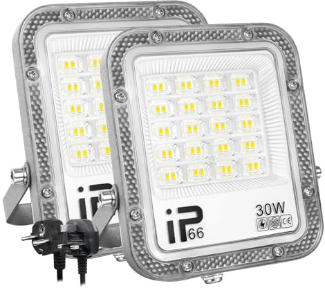 PICAA Lumière LED Extérieur 30W, 3000LM, Blanc Froid 6500K, Projecteur LED Sécurité IP65 Étanche, Lumière de Travail LED pour Porte d'Entrée, Entrepôt, Parking, Cour, Rue avec Prise (2 Pièce)