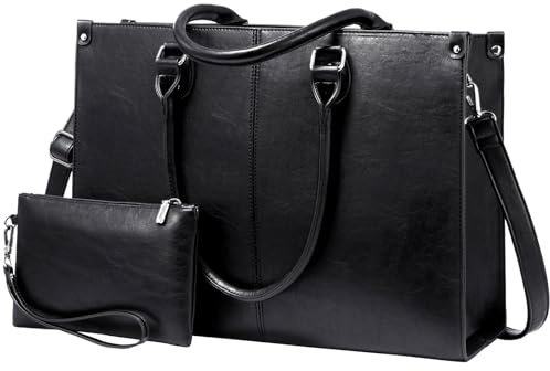 LOVEVOOK Laptoptasche 17.3 Zoll Handtasche Damen Umhängetasche Große PU Leder Shopper Tote Bag Arbeitstasche Aktentasche Lehrertasche für Business Arbeit Büro Schule, Schwarz