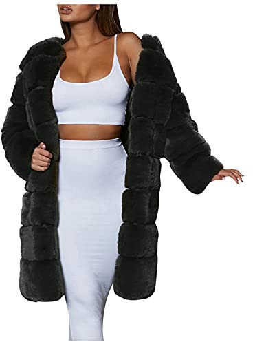 Komiseup Fleecejacke Damen, Winterjacke Damen Lange Winter Pelzmantel Elegant Kunstpelz Jacke Offener Front Wintermantel Dick Plüschjacke mit Kapuze Warme Kunstfell Oberbekleidung Faux Pelz Coat 28