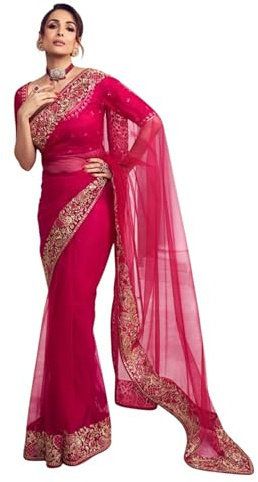 TRAFAART Sari De Red Para Mujer Regalo De Boda Indio Sari Bordado Con Pieza De Blusa Sin Coser Vestido Étnico- Rosa