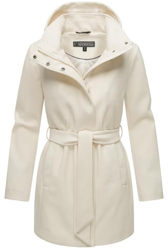 MARIKOO Damen langer Trenchcoat warme Übergangsjacke in Woll-Optik mit abnehmbarer Kapuze Katalinaa 16 Off White Gr. M