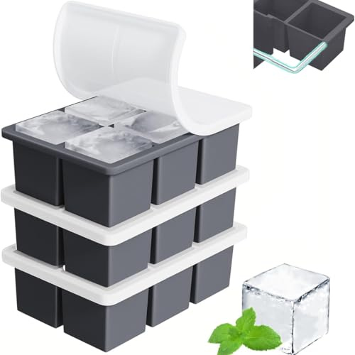 Theuwnee® Silicone Ice Cube Tray 3Pack, Large Ice Cube Molds for Whisky Cocktail, Big Square Ice Maker Tray with Lid for Freezer (Black)