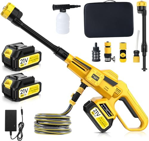 sukaudiz Idropulitrice a Batteria, 3 Livelli Max 45 Bar, 6-In-1 Ugello, 4000 mAh *2, Giallo, Moden, Senza Fili, Portatile, Professionale, per Casa, Auto, Giardino, Esterni