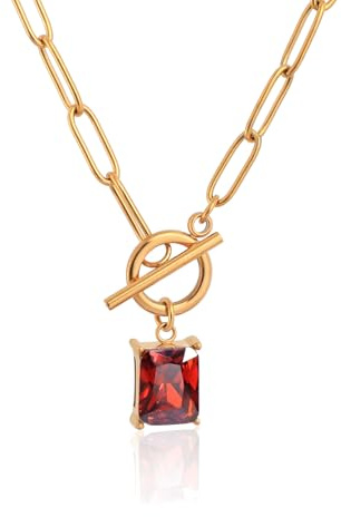 TaYolnFaSo Emerald-taglio granato ciondolo clip catena collana 18K oro placcato clip toggle collana rosso granato gioielli Birthstone gennaio regalo per le donne