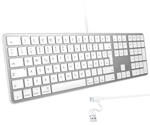 OMOTON Mac-Kabelgebundene-Tastatur mit Ziffernblock, Tastatur Kabel mit Dualem Anschluss (Type C/USB), Flüsterleise Tasten & Stabiler Verbindung, Deutsches Layout (QWERTZ)