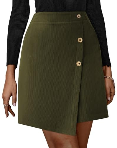 Pink Queen High Waisted Corduroy Skirts for Women with Slit Tummy Control Elastic Waist Asymmertical Mini Skirts for Women Lady Bodycon Stretch Basic Business Casual Short Dress Vineyard Green L