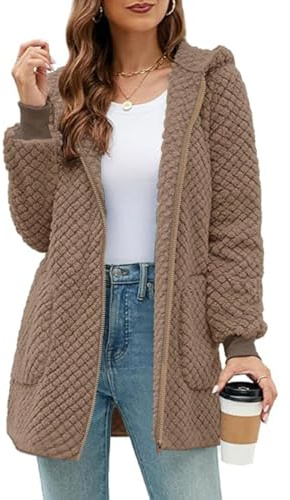 ABYOVRT Veste Polaire Femme Longue à Capuche Zippée Manteau Teddy Doux Veste Polaire d’Hiver avec Poches Pull Douillet Chaude et Confortable,Kaki,M