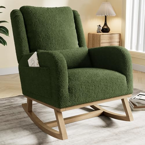Sillón mecedora con almohada suave, silla de lactancia de terciopelo Teddy, silla mecedora, sillón acolchado para dormitorio, sala de estar, oficina (verde oscuro acolchado)