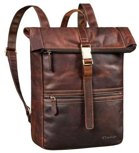 STILORD Cairo Mochila Roll Top Cuero hombres y mujeres ideal como oficina de día bachillerato colegio viagem y escolar mochila ordenador portatil 14-17.3 pulgadas Color:cognac marrón oscuro