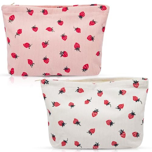 Crunier 2 Stück Kulturtasche Cord Klein Damen,Kleine Kosmetiktasche Damen | Make Up Tasche ,Kosmetik Tasche Erdbeeren Muster,Kulturbeutel,Kulturtasche Klein, für Schule, Reisen,Einkaufen, Wandern