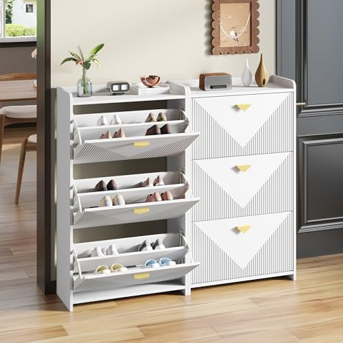 SACOOL Set di 2 scarpiere da 140 x 30 x 120 cm, con 6 ante inferiori a ribalta, credenza, armadio per soggiorno, MDF, bianco, design a forma di sottovuoto, larghezza della cassa regolabile