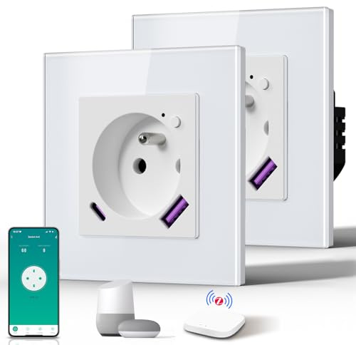 BSEED Prise Connectée Zigbee, Prise Programmable Electrique avec PD 20W TYPE C, Fonction de surveillance énergétique, Compatible avec Alexa/Google Home/Tuya APP(Hub Zigbee Requis), 86mm, 2Pack, Blanc