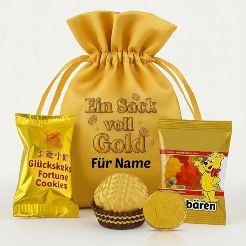 Ein Sack voll Gold – wiederverwendbarer Satin-Geschenkbeutel mit personalisiertem Aufdruck als Geld-Geschenk mit goldenen Leckereien, Größe S