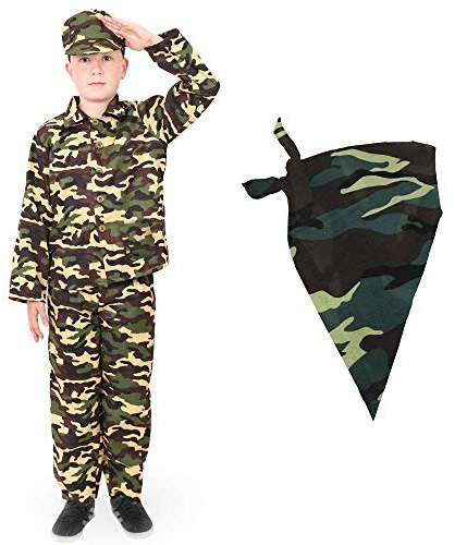Pojkar armé tjusig klänning med kamouflage bandana. Barnkammad soldat. Barnens milisuniform för utklädningsboxen, fina klänningsfester och jul/födelsedagspresenter. Storlek: medium